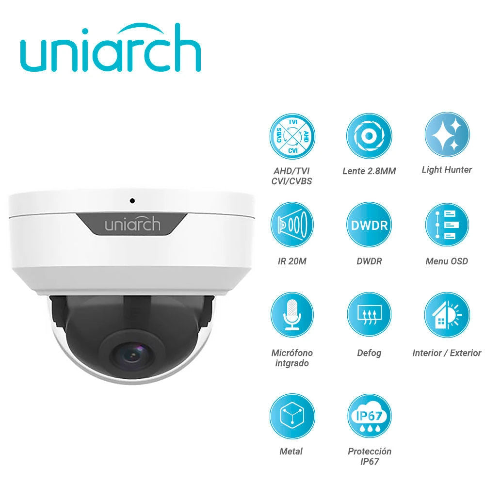 CAMARA ANALOGICA LIGHTHUNTER DOMO UNIARCH UAC-D122-AF28M / UAC-D122-AF28M-H / 2MP / AHD/TVI/CVI/CVBS / LENTE FIJO 2.8 MM / 12 VCD / IP67 / IR 20M / DWDR / MENU OSD / MIC INCLUIDO / DEFOG / 3 AXIS / INTERIOR / EXTERIOR / METALICA-Cámaras HD-UNIARCH BY UNV-UAC-D122-AF28M-H-Bsai Seguridad & Controles