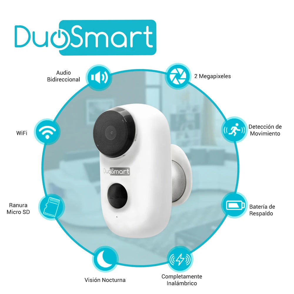 CAMARA INTELIGENTE 100% INALAMBRICA DUOSMART E40 WIFI 2.4 GHZ COMPATIBLE CON APP DUOSMART CON BATERIA RECARGABLE INTEGRADA DE LARGA DURACIÓN CON AUDIO BIDIRECCIONAL GRABACION POR DETECCION DE MOVIMIENTO EN MICROSD DE HASTA 128GB (NO INCLUIDA)-Automatizacion - Casa Inteligente-DUOSMART-Bsai Seguridad & Controles