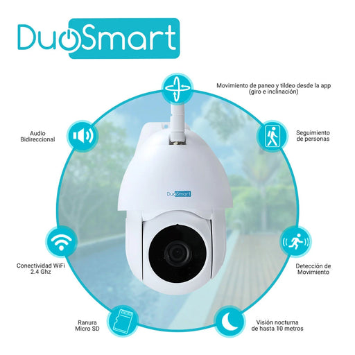 CAMARA INTELIGENTE PT DUOSMART E70 WIFI 2.4 GHZ PARA EXTERIOR CON AUDIO BIDIRECCIONAL TIPO DOMO 1080P CON MOVIMIENTO Y VISION NOCTURNA COMPATIBLE CON APP DUOSMART SOPORTA MEMORIA MICROSD DE HASTA 128 GB (NO INCLUIDA)-Automatizacion - Casa Inteligente-DUOSMART-E70-Bsai Seguridad & Controles