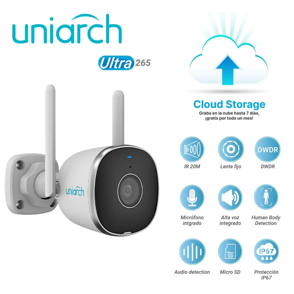 CAMARA IP BULLET WIFI CLOUD GRATUITO 7 DIAS UNIARCH UHO-B2R-M2F34 / 2MP / HD/ ULTRA265 / 12 VCD / DWDR / 3 AXIS / LENTE FIJO DE 2.8 MM / IR INTELIGENTE HASTA 20M / MICROFONO Y ALTAVOZ INTEGRADO / HUMAN BODY DETECTION / AUDIO DETECTION / RANURA PARA MIC...-Cámaras IP-UNIARCH BY UNV-UHO-B2R-M2F3-Bsai Seguridad & Controles