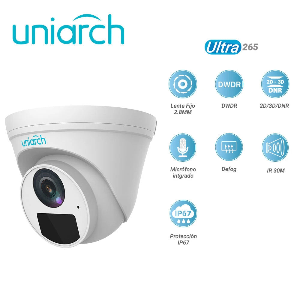 CAMARA IP TURRET UNIARCH IPC-T122-APF28-E / 2MP / LENTE-FIJO-2.8MM / DWDR / IR30M / MICROFONO-INTEGRADO / DIGITAL DEFOG / ONVIF / 3-AXIS / IP67 / ULTRA265 / POE-AF / 12 VCD-Cámaras IP-UNIARCH BY UNV-Bsai Seguridad & Controles