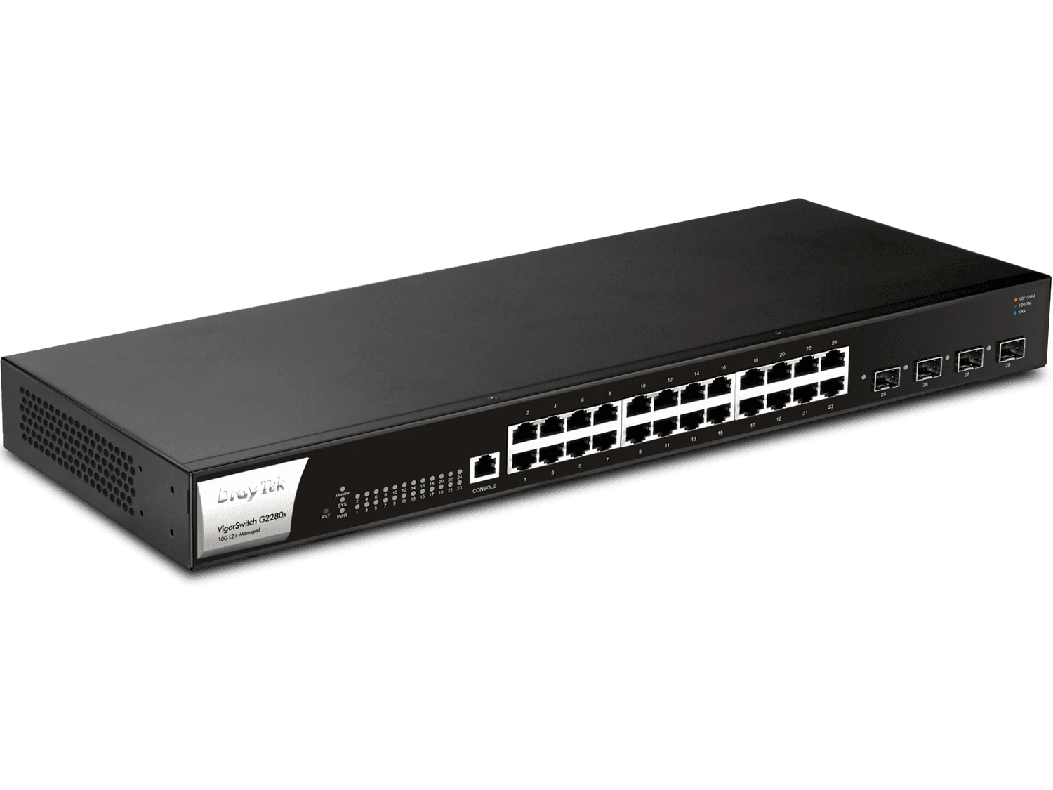 DRAYTEK VIGORSWITCH G2280X - SWITCH GIGABIT ETHERNET ADMINISTRABLE CAPA 2/ 24 PUERTOS GIGABIT ETHERNET/ 4 PUERTOS SFP & SFP+/ CAPACIDAD DE SWITCHING HASTA 128GBPS-Switches-DRAYTEK-Bsai Seguridad & Controles