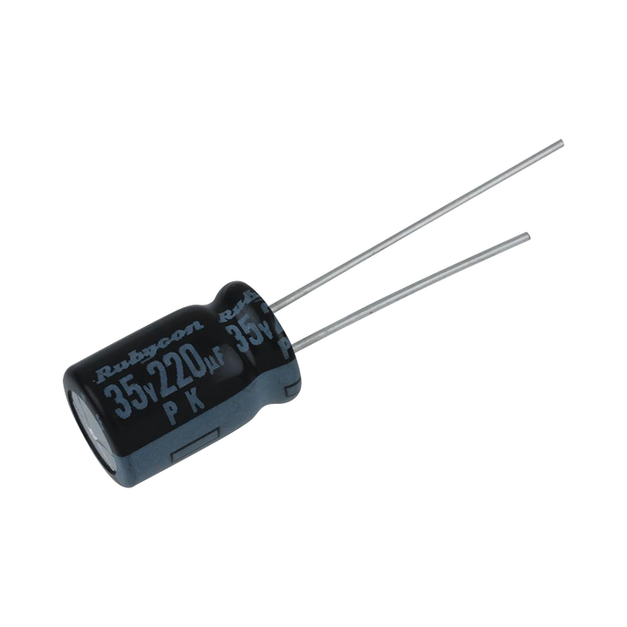 CAPACITOR ELECTROLÍTICO RADIAL DE ALUMINIO DE 220 UFD, A 35 VOLT.-Refacciones-SYSCOM-Bsai Seguridad & Controles