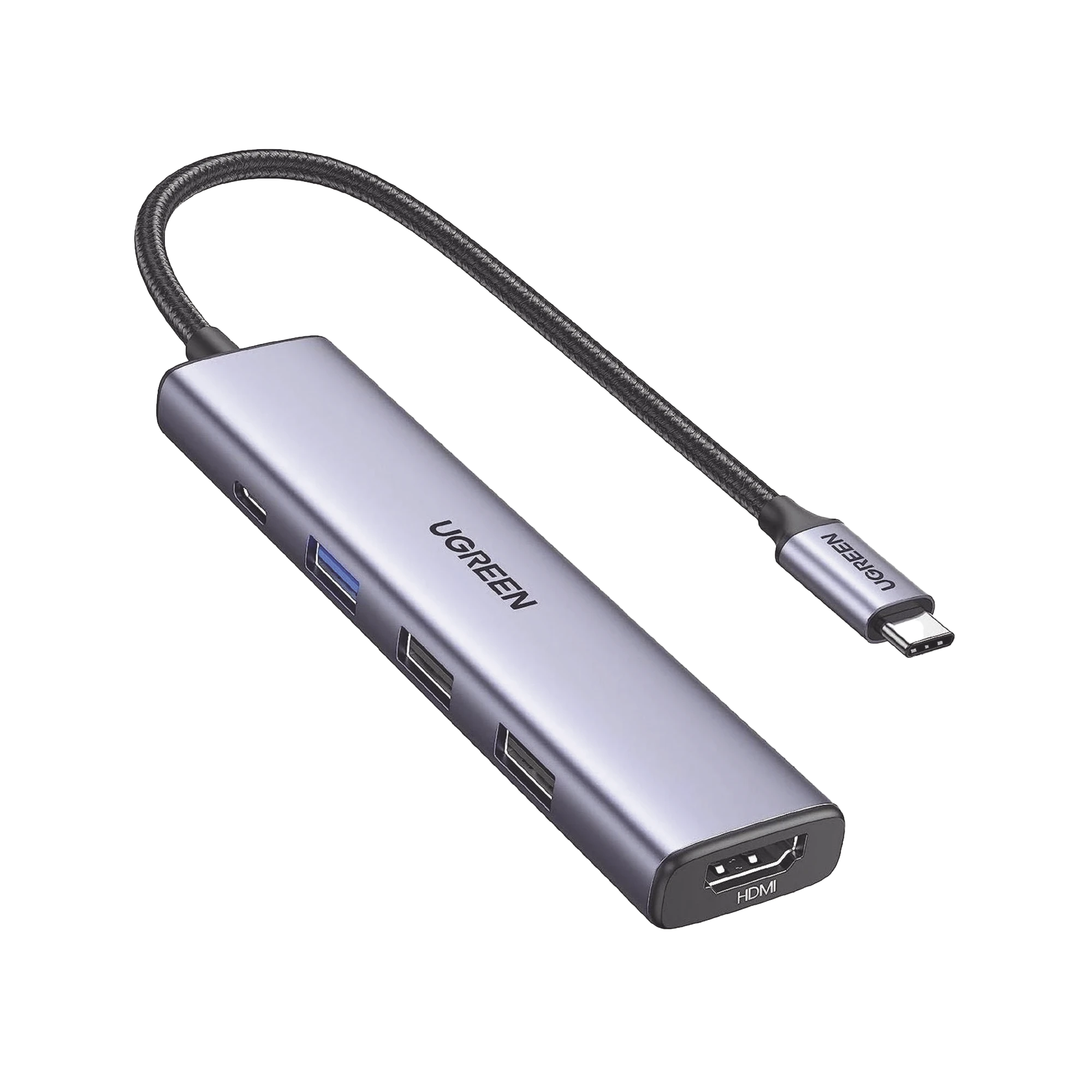 HUB USB-C (DOCKING STATION) 5 EN 1 / 1 USB-A 3.0 (5GBPS) / 2 USB-A 2.0 (5GBPS) / HDMI 2.0 4K@30HZ / USB-C PD CARGA 100W / CABLE TRENZADO DURADERO / CARCASA DE ALUMINIO.-Accesorios Generales-UGREEN-Bsai Seguridad & Controles