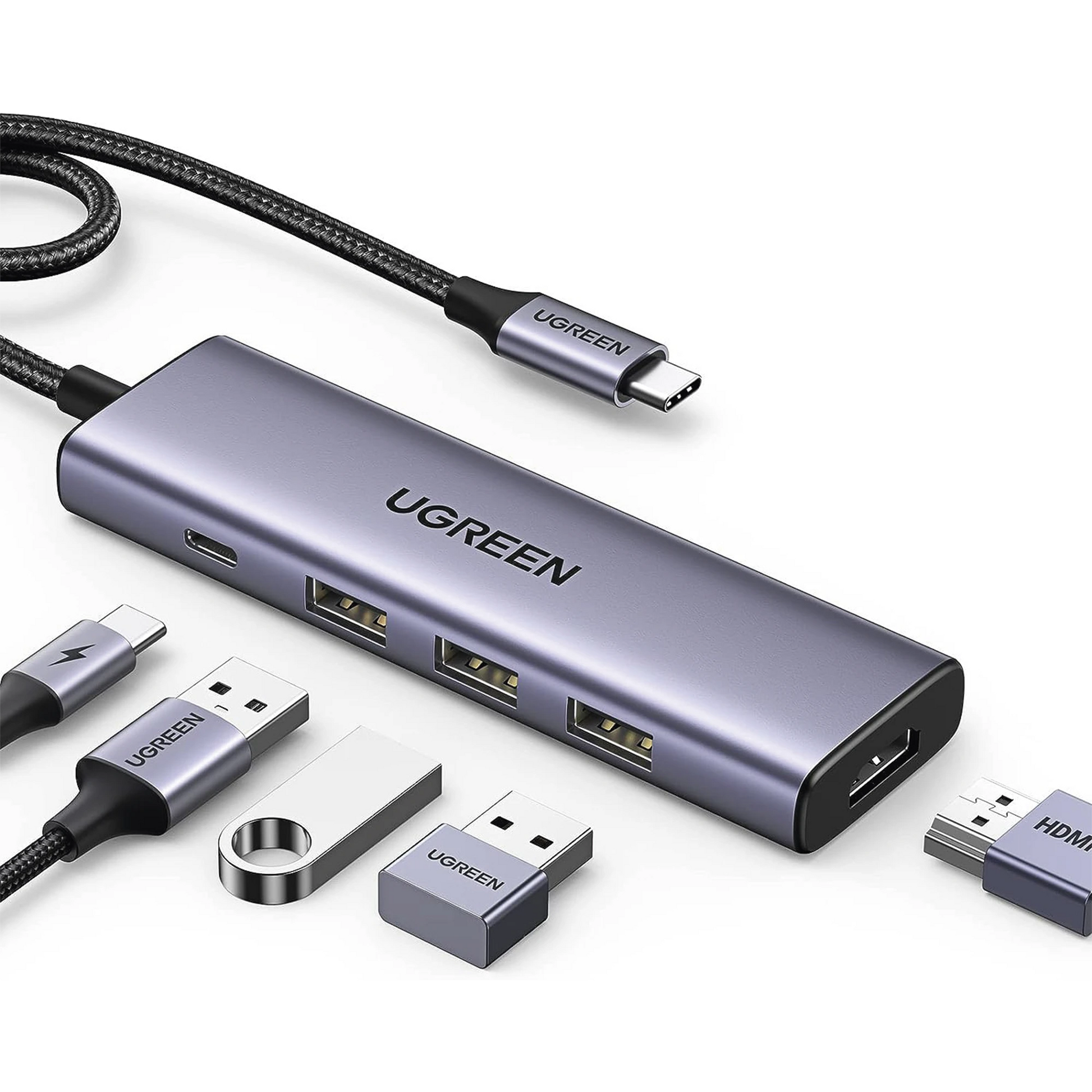 HUB USB-C (DOCKING STATION) 5 EN 1 / HDMI 2.0 4K@30HZ / 3 USB-A 3.0 (5GBPS) / USB-C PD CARGA 100W / CABLE TRENZADO DURADERO / CARCASA DE ALUMINIO.-Accesorios Generales-UGREEN-Bsai Seguridad & Controles