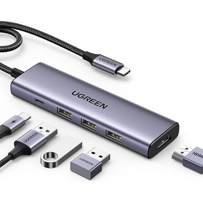 HUB USB-C (DOCKING STATION) 5 EN 1 / HDMI 2.0 4K@30HZ / 3 USB-A 3.0 (5GBPS) / USB-C PD CARGA 100W / CABLE TRENZADO DURADERO / CARCASA DE ALUMINIO.
