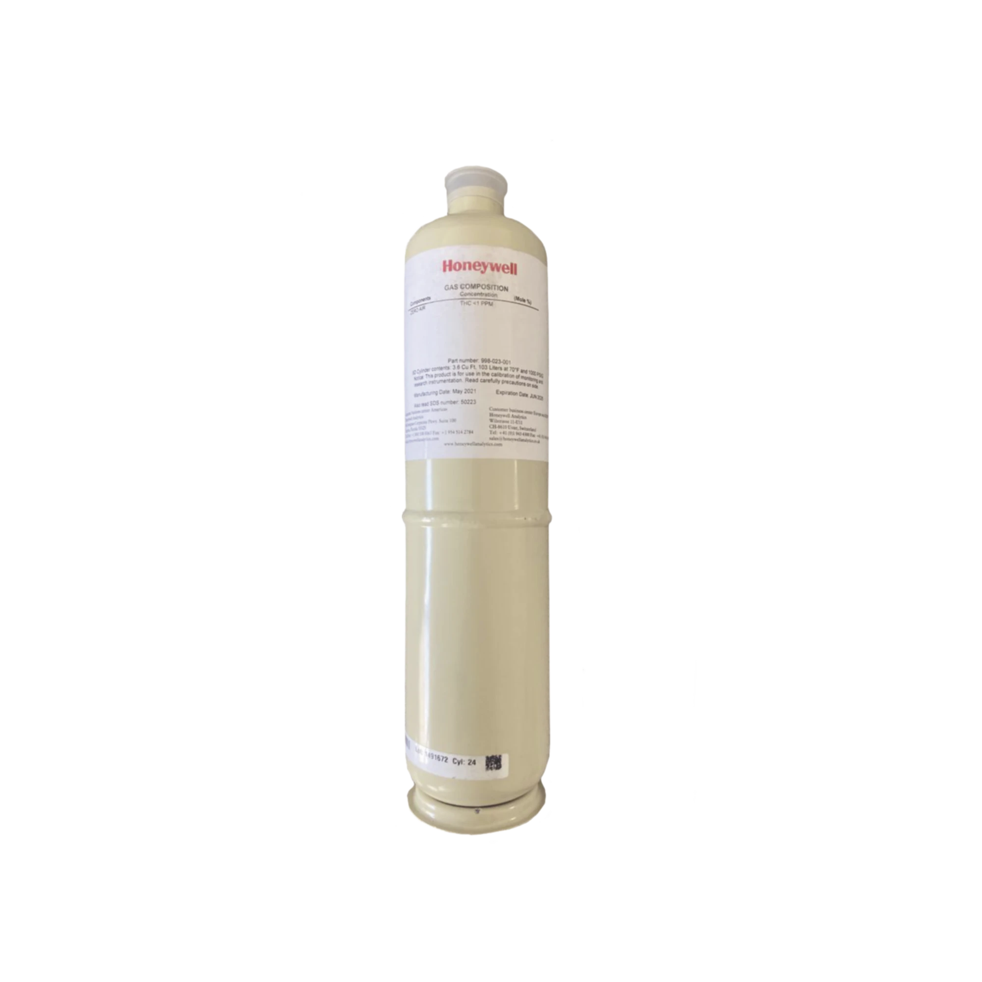 CILINDRO PARA CALIBRACIÓN DE PROPANO/AIR (C3H8), BALANCE AIRE, CONCENTRACIÓN 50% LEL, CAPACIDAD 103 L, DIMENSIONES 5/8" X 18", PARA SERIE XNX/XCD/S3K GASES COMBUSTIBLES-Dispositivos Convencionales-HONEYWELL ANALYTICS-Bsai Seguridad & Controles