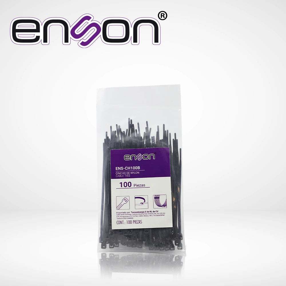 CINCHO DE NYLON ENSON ENS-CH100B COLOR NEGRO DE 2.5 X 100MM DE LONGITUD FUERZA DE TENSION DE HASTA 8 KGS-Fijacion-ENSON-Bsai Seguridad & Controles