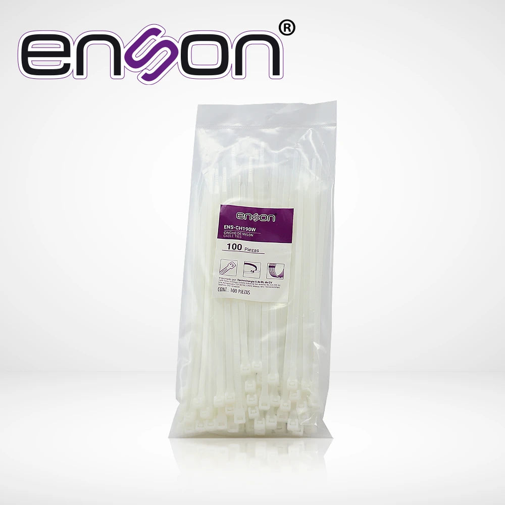 CINCHO DE NYLON ENSON ENS-CH190W COLOR NATURAL DE 4.8 X 190MM DE LONGITUD FUERZA DE TENSION DE HASTA 22 KGS-Fijacion-ENSON-Bsai Seguridad & Controles