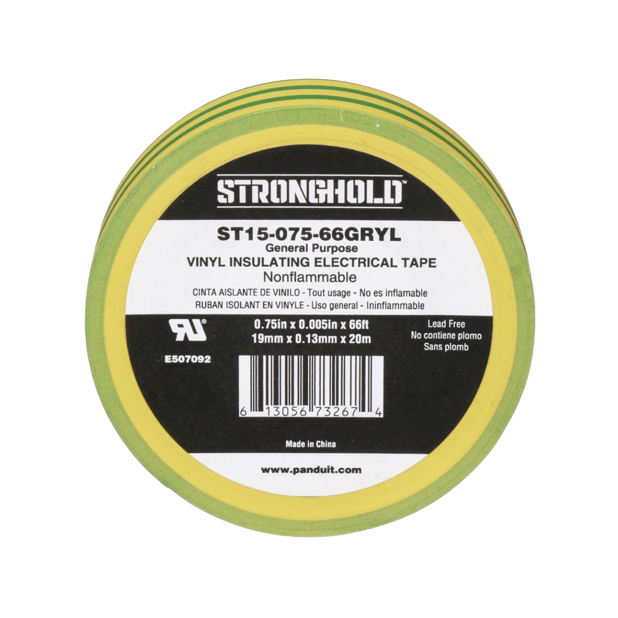 CINTA ELÉCTRICA STRONGHOLD PARA AISLAR, DE PVC, USO CONSTRUCCIÓN GENERAL EN TIERRAS FÍSICAS, GROSOR DE 0.13 MM (5 MIL), ANCHO DE 19.05 MM, Y 20.12 M DE LARGO, COLOR AMARILLO/VERDE.-Canalización-PANDUIT-Bsai Seguridad & Controles