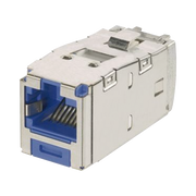 CONECTOR JACK RJ45 BLINDADO, LLAVEADO AZUL, ESTILO TG, MINI-COM, CATEGORIA 6A, DE 8 POSICIONES Y 8 CABLES, COLOR AZUL