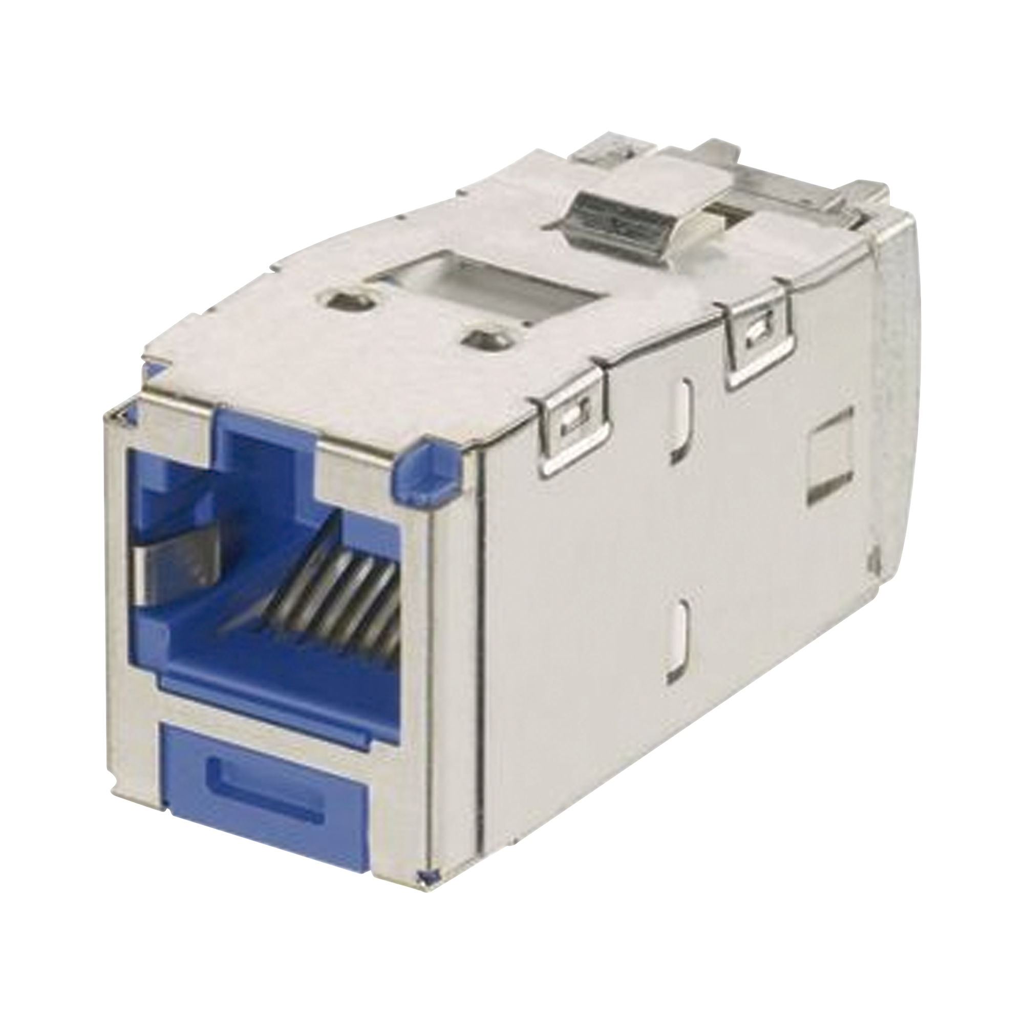 CONECTOR JACK RJ45 BLINDADO, LLAVEADO AZUL, ESTILO TG, MINI-COM, CATEGORIA 6A, DE 8 POSICIONES Y 8 CABLES, COLOR AZUL