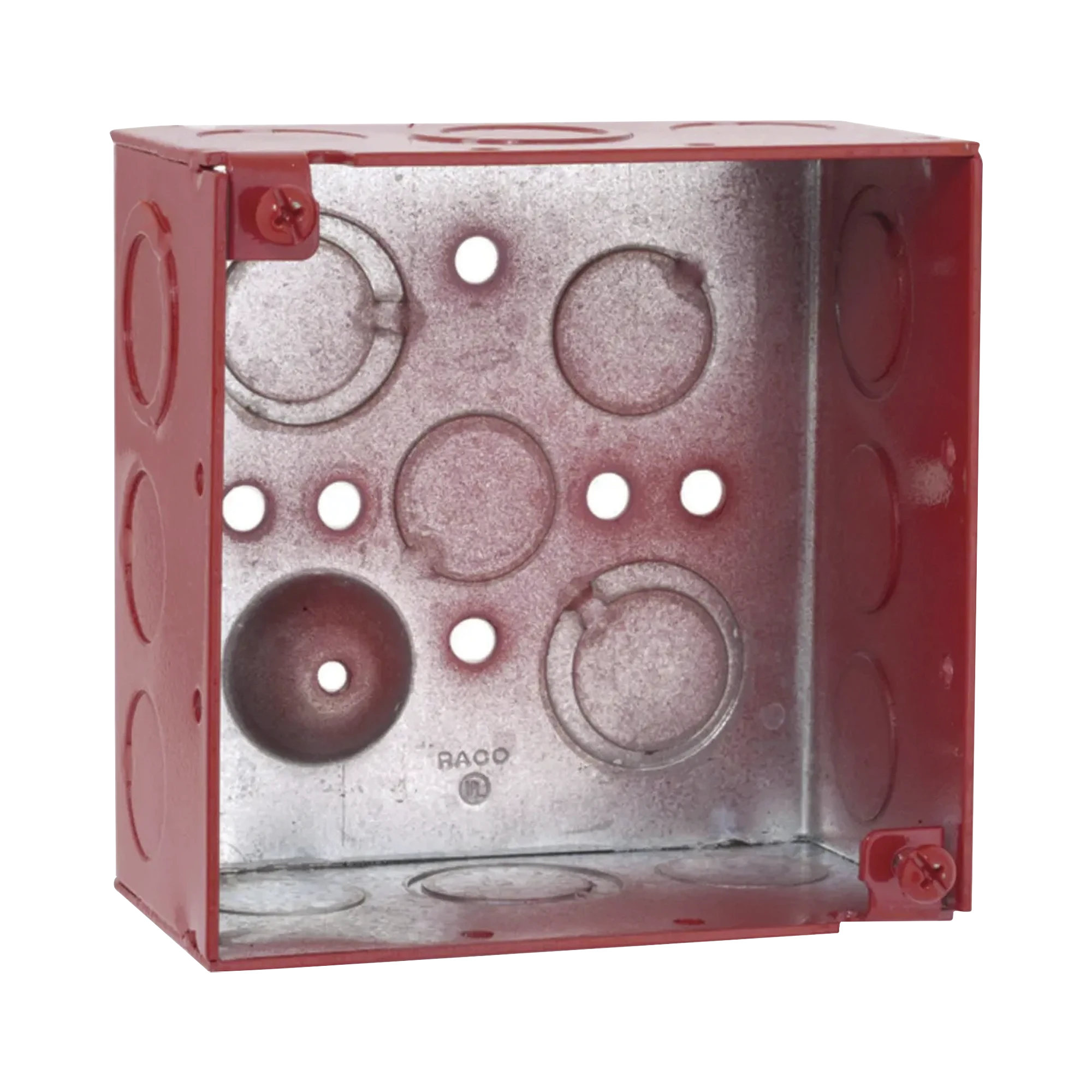 CAJA CUADRADA GALVANIZADA DE 4" /PROFUNDIDAD DE 2 1/8" / CUENTA CON 11 KO DE 1/2" Y 6 TKO (1/2" - 3/4")/ COLOR ROJO.-Canalización-RACO-Bsai Seguridad & Controles