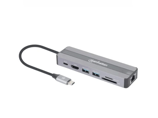 MANHATTAN 153928 - ESTACIÓN DOCKING USB-C 7 EN 1 / USB 3.2 GEN 1 TIPO-C MACHO A HDMI (4K@30HZ), DOS USB-A (5 GBPS), GIGABIT RJ45 Y USB-C PD (87 W) HEMBRA, LECTOR TARJETAS SD/MICROSD, ALUMINIO, PLATA/NEGRO / COMPATIBLE CON MAC Y PC-Accesorios y Cables USB-MANHATTAN-MAN3280048-Bsai Seguridad & Controles