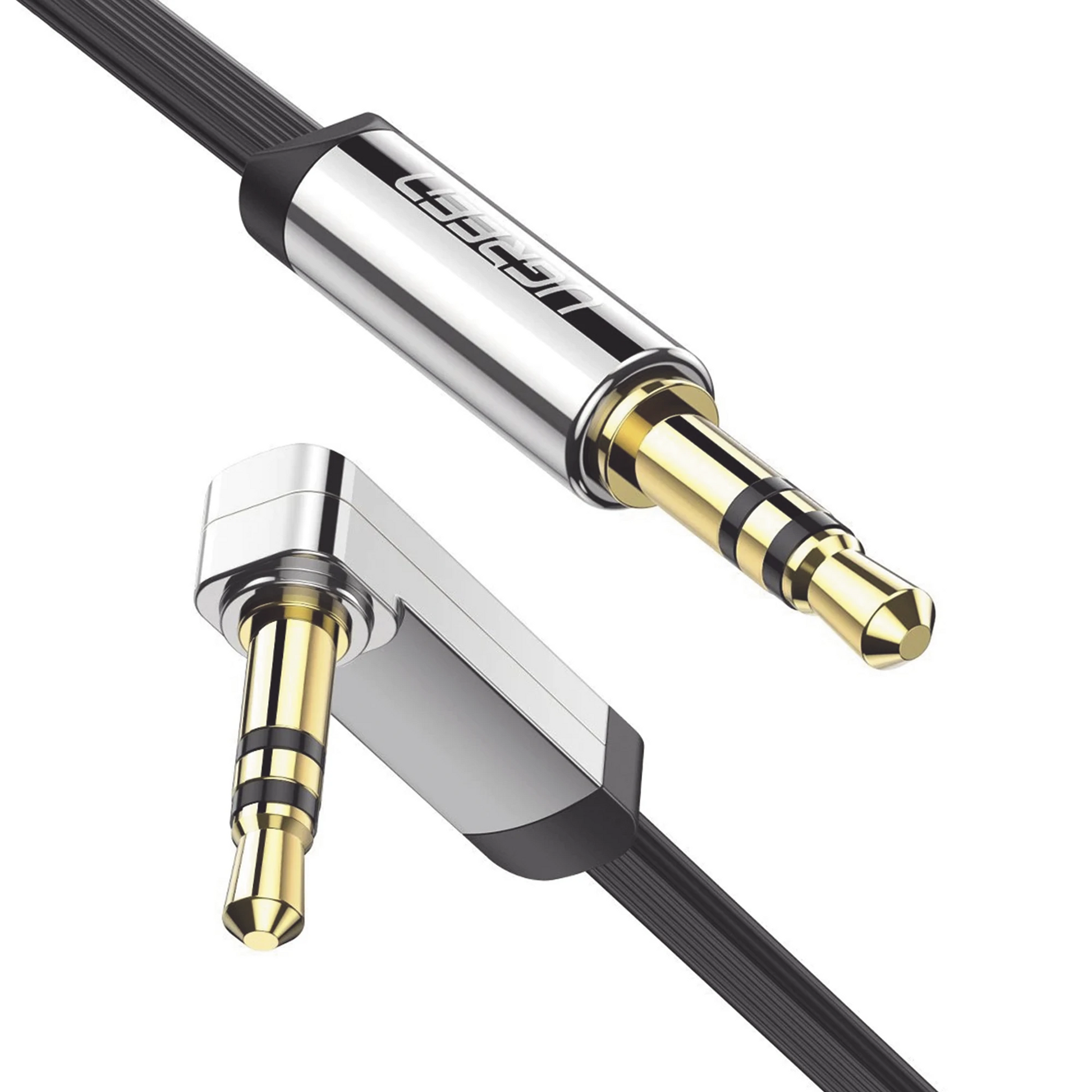 CABLE AUXILIAR PLANO 2 METROS COLOR NEGRO / CONECTOR 3.5MM A 3.5MM EN ÁNGULO MACHO-MACHO-Megafonia y Audioevacuacion-UGREEN-Bsai Seguridad & Controles
