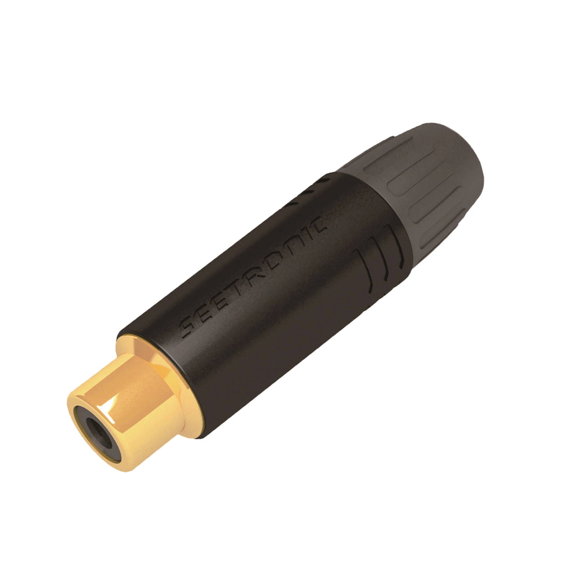 CONECTOR HEMBRA RCA | CARCASA ENCHAPADA EN NEGRO | CONTACTO ENCHAPADO EN ORO | CABLE OD 3.5-6.5MM-Audio, Video y Voceo-SEETRONIC-Bsai Seguridad & Controles