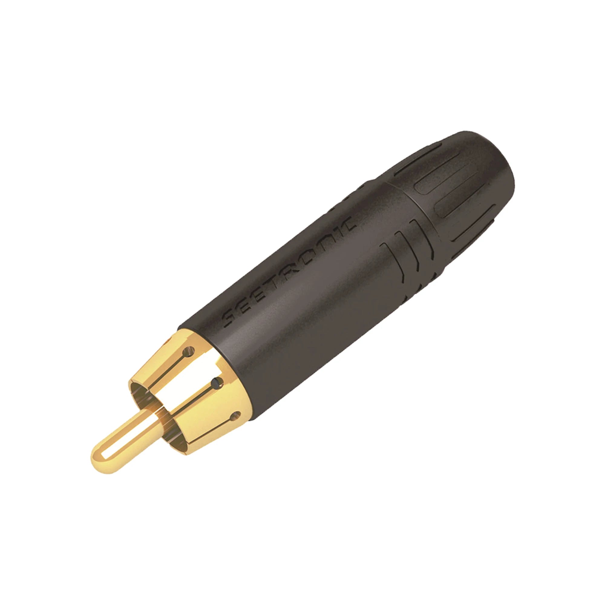 CONECTOR MACHO RCA | CARCASA ENCHAPADA EN NEGRO | CONTACTO ENCHAPADO EN ORO | CABLE OD 3.5-6.5MM-Audio, Video y Voceo-SEETRONIC-Bsai Seguridad & Controles