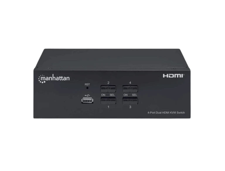 MANHATTAN 153539 - SWITCH KVM HDMI DE 4 PUERTOS PARA DOS MONITORES / CONEXIONES HDMI PARA DOS MONITORES, 4K@30HZ, CONEXIONES USB, CONEXIONES DE AUDIO Y MICRÓFONO DE 3.5 MM, HUB USB 2.0, NEGRO-Extensores 4k / HD-MANHATTAN-MAN0570007-Bsai Seguridad & Controles