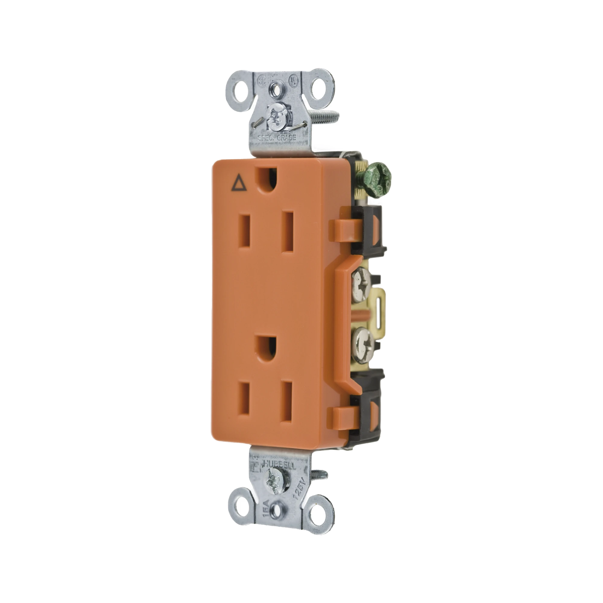 CONTACTO DÚPLEX CONEXIÓN A TIERRA AISLADA/ 15A 125V/ 2 POLOS 3 HILOS/ NEMA 5-15R /GRADO COMERCIAL DECORATIVO/ COLOR NARANJA.-Área Eléctrica-HUBBELL-Bsai Seguridad & Controles