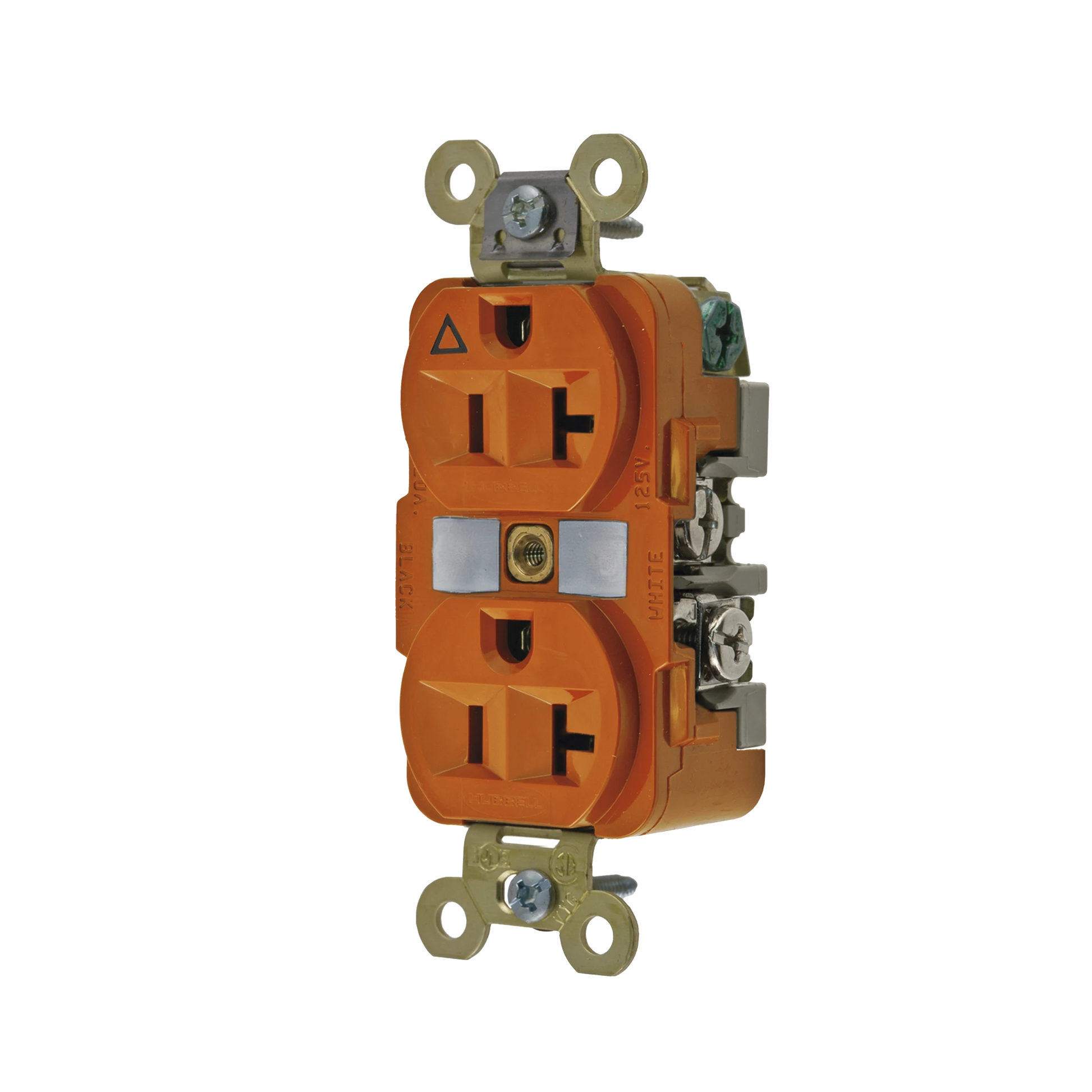 CONTACTO DÚPLEX CONEXIÓN A TIERRA AISLADA/ 20 A 125 V/ 2 POLOS 3 HILOS/ COLOR NARANJA/ NEMA 5- 20R/ GRADO INDUSTRIAL.-Área Eléctrica-HUBBELL-Bsai Seguridad & Controles