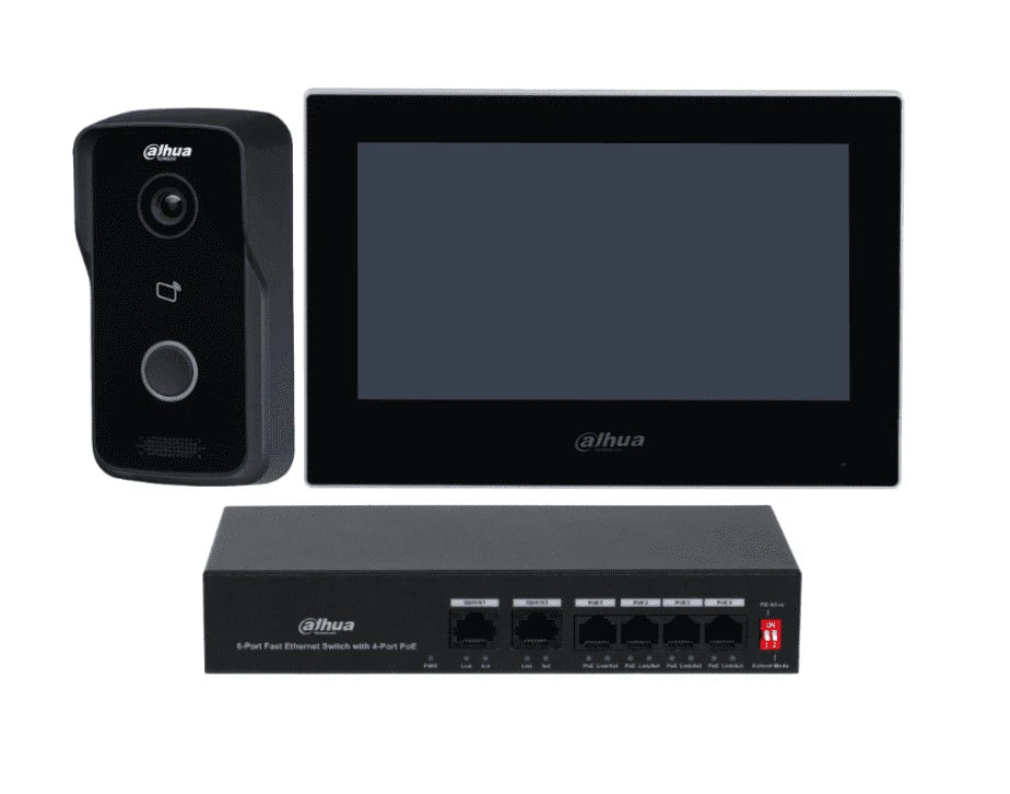 DAHUA KTP03 - KIT DE VIDEPORTERO IP/ MONITOR DE 7 PULGADAS. FRENTE DE CALLE Y SWITCH POE/ 6&1 E&S DE ALARMA/ FRENTE DE CALLE IP65/ IR/ APERTURA REMOTA / SWITCH DE 4 PUERTOS POE 10/100/ 2 PUERTOS UPLINK/ CONTROLA 1 PUERTA-Kits de Videoportero-DAHUA-Bsai Seguridad & Controles