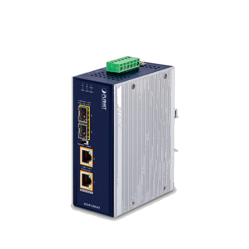 CONVERTIDOR DE MEDIOS POE INDUSTRIAL PLANET IGUP-2205AT / 2 PUERTOS RJ45 POE++AF/AT/BT 10/100/1,000MBPS / 2 PUERTOS OPTICOS SFP 100/1,000MBPS / ALIMENTACION 12-56VCD / MONTAJE DIN-RAIL/PARED / TEMPERATURA OPERACION -45 - 75 GRADOS CELSIUS-Convertidores de Medios-PLANET-IGUP-2205AT-Bsai Seguridad & Controles