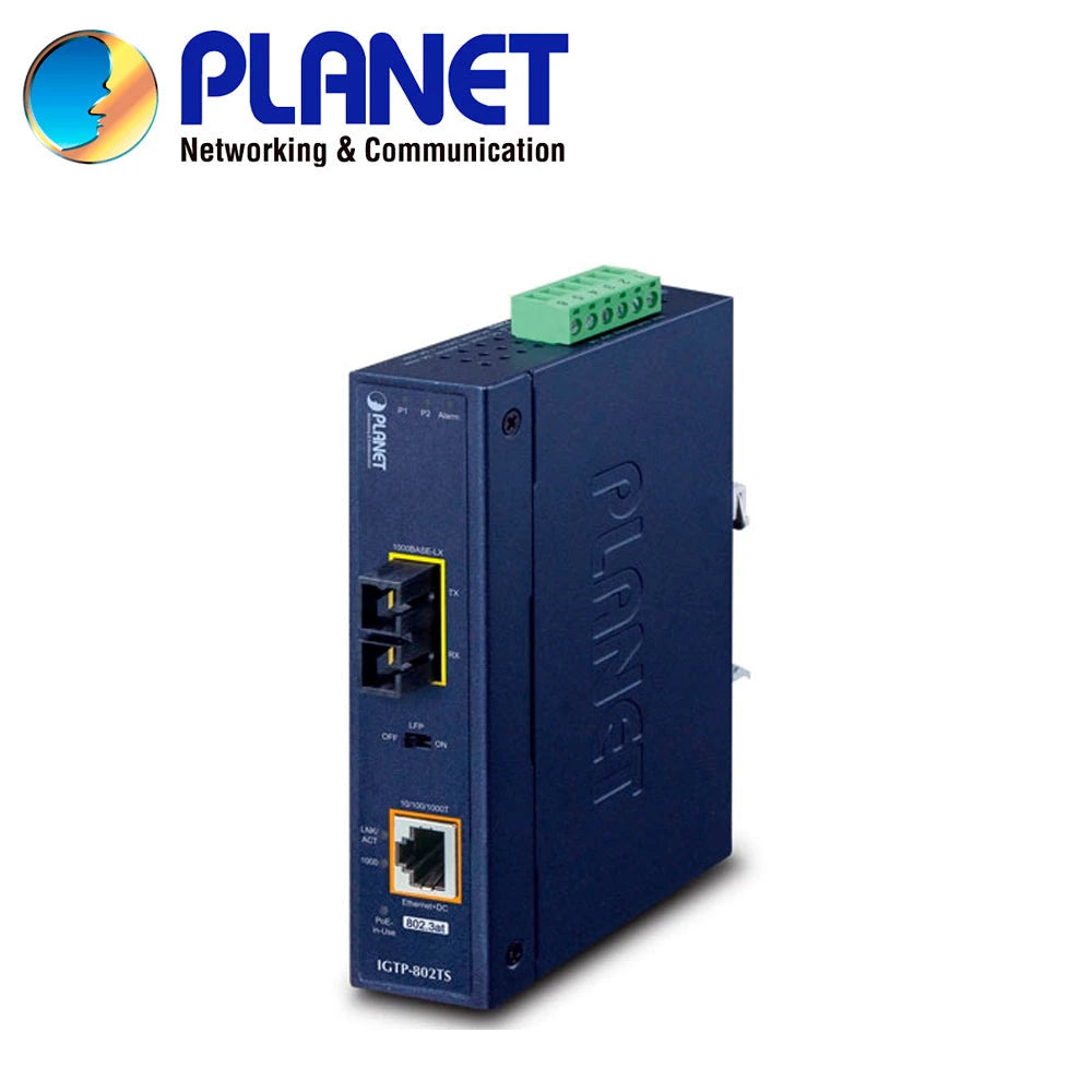 CONVERTIDOR DE MEDIOS POE MONOMODO INDUSTRIAL PLANET IGTP-802TS / 1 PUERTO RJ45 POEAF/AT 10/100/1,000MBPS / 1 PUERTO OPTICO SC 1,000MBPS 9/125MICRAS MONOMODO / DISTANCIA HASTA 20 KILOMETROS / ALIMENTACION 12-48VCD / MONTAJE DIN-RAIL/PARED / TEMPERATURA...-Convertidores de Medios-PLANET-Bsai Seguridad & Controles