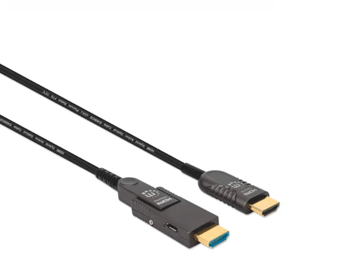 MANHATTAN 355193 - CABLE ÓPTICO ACTIVO HDMI DE ALTA VELOCIDAD / 4K@60HZ UHD, HDMI MACHO A MICRO-HDMI MACHO (TIPO D) Y HDMI MACHO (TIPO A) DESMONTABLE, 30 M (100 PIES), CERTIFICADO CMP/CPR, HEC, ARC, CONTACTOS BAÑADOS EN ORO, NEGRO-HDMI-MANHATTAN-Bsai Seguridad & Controles