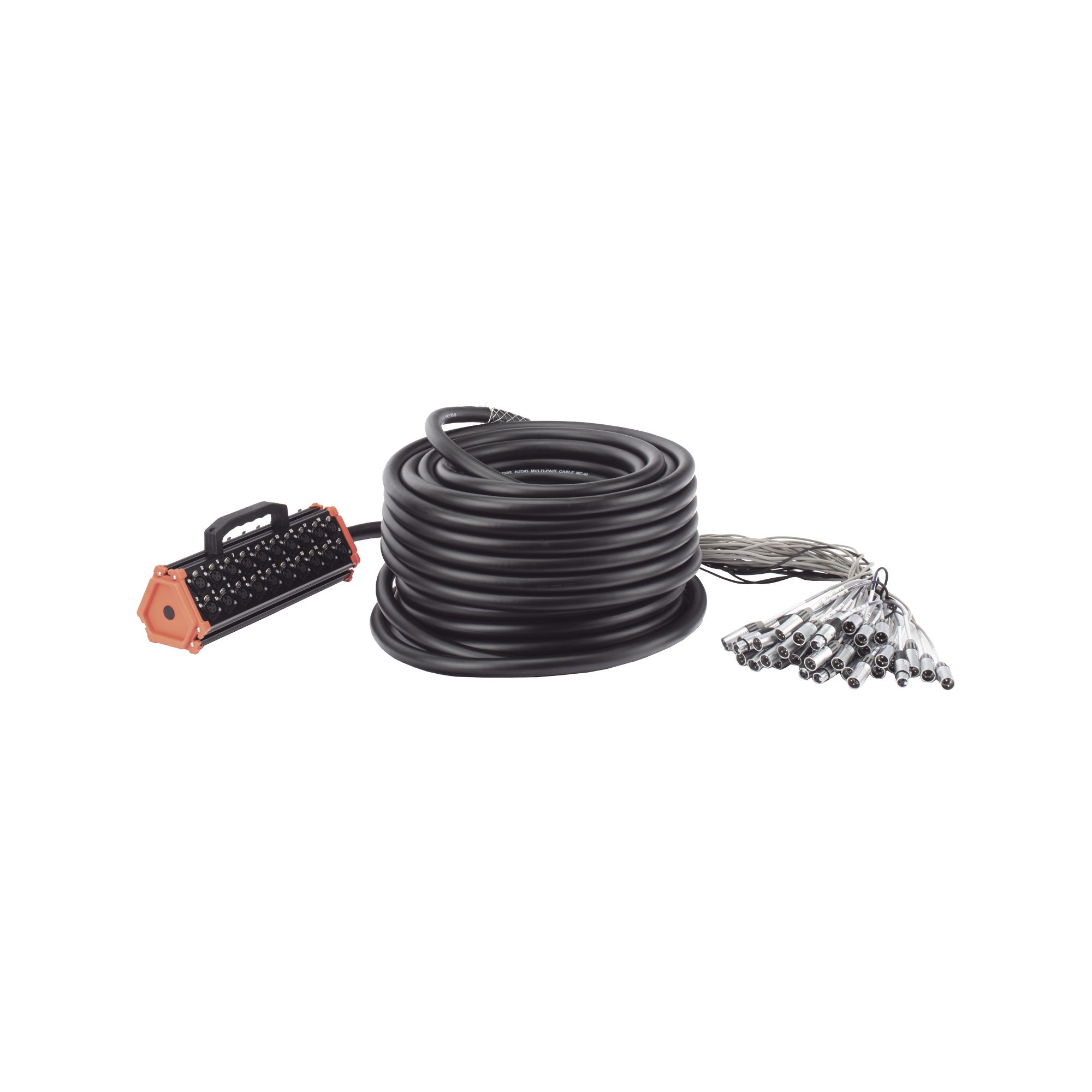STAGEBOX, 32+8 CANALES, 8 EXTREMOS SON SCMM3 XLR MACHO, LOS OTROS 32 EXTREMOS SON SCMF3 XLR HEMBRA DE 3 NÚCLEOS CON CARCASA DE ACERO INOXIDABLE Y CONTACTOS CHAPADOS EN ORO
