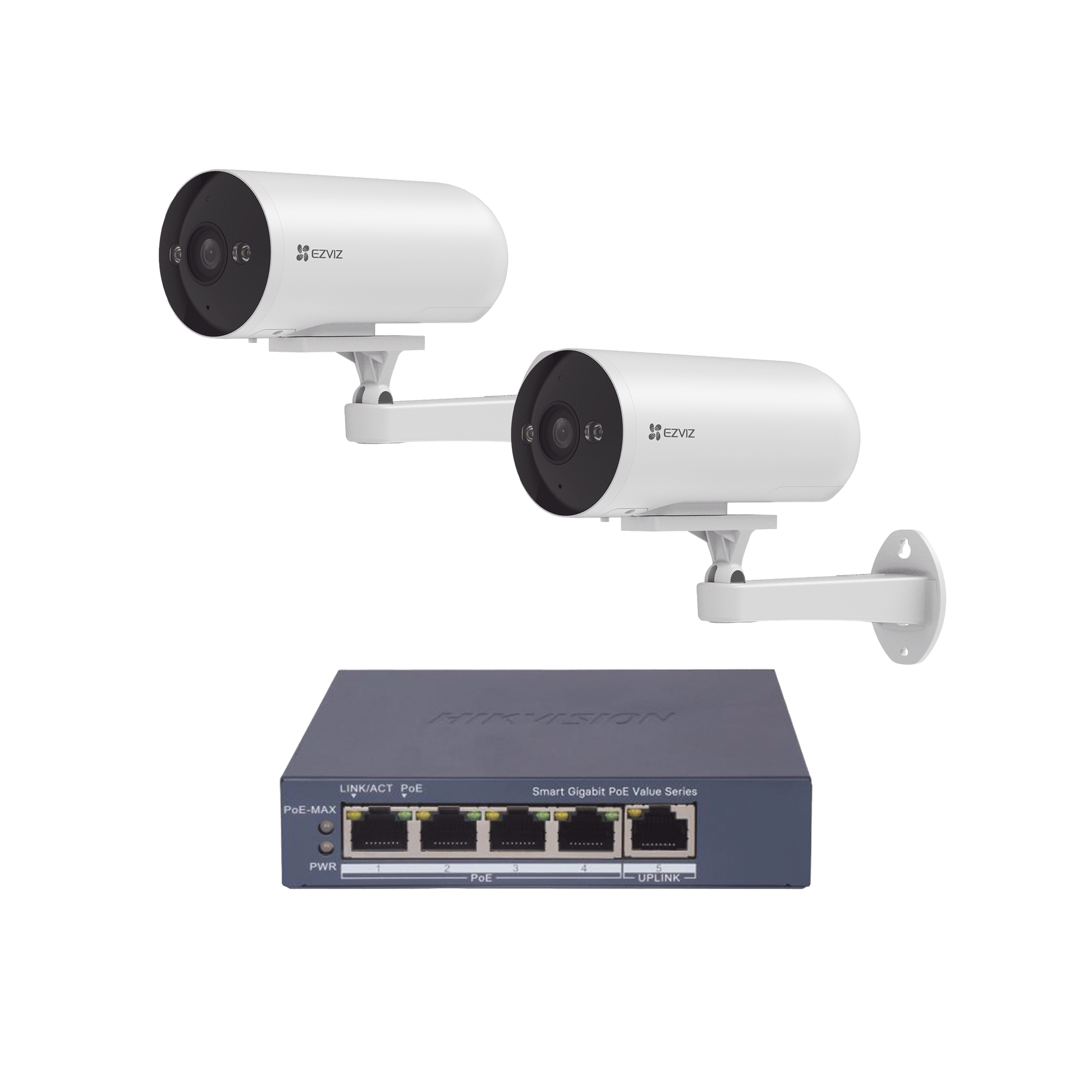 KIT DE CÁMARAS POE PARA USO EN EXTERIOR / POE ESTANDAR AF / 2 PIEZAS CS-H5/3MP/ 1 PIEZA DE SWITCH DS-3E1505P-EI/M / VISION NOCTURNA A COLOR / IP67 / AUDIO BIDIRECCIONAL / LUZ Y SIRENA / 4 PUERTOS 1000 MBPS POE+ / 1 PUERTO 1000 MBPS UPLINK-Kits- Sistemas Completos-EZVIZ-Bsai Seguridad & Controles