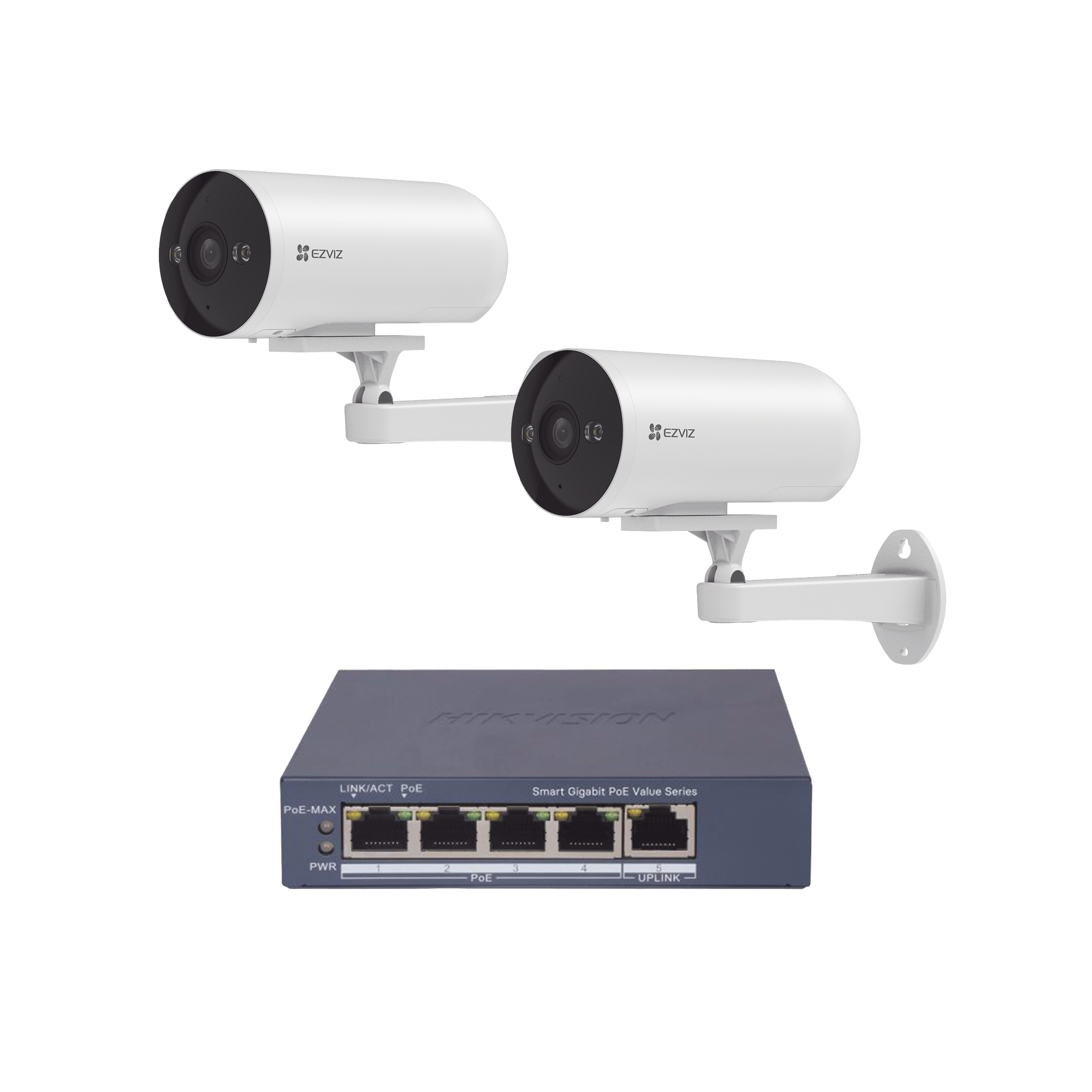 KIT DE CÁMARAS POE PARA USO EN EXTERIOR / POE ESTANDAR AF / 2 PIEZAS CS-H5/3MP/ 1 PIEZA DE SWITCH DS-3E1505P-EI/M / VISION NOCTURNA A COLOR / IP67 / AUDIO BIDIRECCIONAL / LUZ Y SIRENA / 4 PUERTOS 1000 MBPS POE+ / 1 PUERTO 1000 MBPS UPLINK-Kits- Sistemas Completos-EZVIZ-Bsai Seguridad & Controles