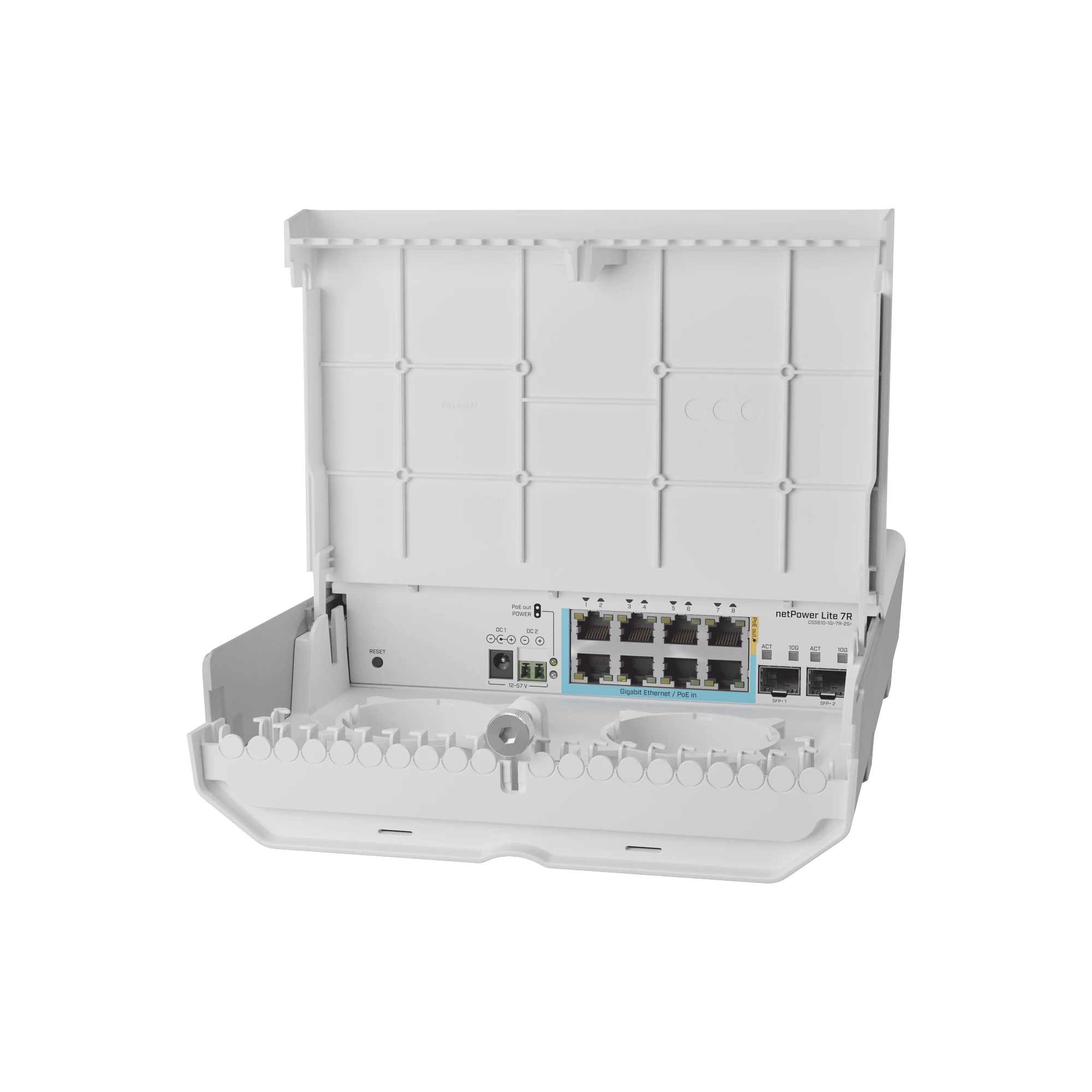 (CSS610-1GI-7R-2S+OUT) NETPOWER LITE 7R SWITCH SMART 7 PUERTOS POE INVERSO GIGABIT, 2 SFP+ 10G, PARA EXTERIOR-Networking-MIKROTIK-Bsai Seguridad & Controles