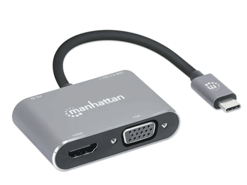 MANHATTAN 130691 - DOCKING STATION DE USB-C A HDMI Y VGA, 4 EN 1, CON SUMINISTRO DE ENERGÍA USB 3.2 TIPO C MACHO A HDMI (4K A 30 HZ), VGA (1080P A 60 HZ), USB-A (5 GBPS) Y USB-C PD (87 W) HEMBRA, CARGA DE TRANSFERENCIA, ALUMINIO, GRIS ESPACIAL-Accesorios y Cables USB-MANHATTAN-MAN3280052-Bsai Seguridad & Controles