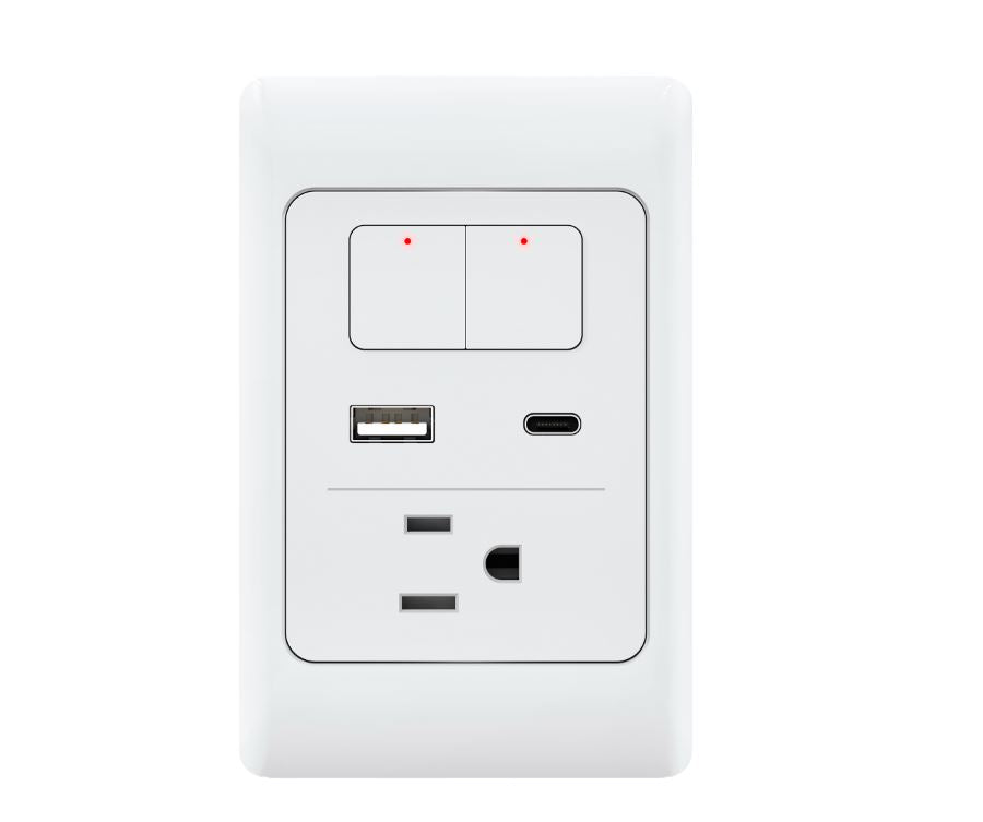 APAGADOR Y CONTACTO TOMACORRIENTE DUOSMART A70 / 2 BOTONES-UNIDADES / 1 CONTACTO / 1 PUERTO USB / 1 PUERTO USB-C / WIFI 2.4 GHZ / COMPATIBLE CON ALEXA Y GOOGLE HOME / TEMPORIZADORES / ESCENAS DE AUTOMATIZACION-Duosmart-DUOSMART-Bsai Seguridad & Controles