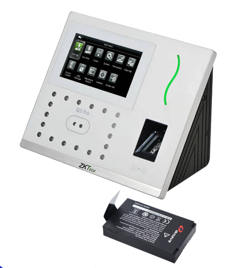 ZKTECO G3PROIK7PAK - CONTROL DE ASISTENCIA Y ACCESO BÁSICO CON AUTENTICACIÓN FACIAL (12000 ROSTROS), HUELLA DIGITAL BIOID+ (20000), TARJETA ID 125 KHZ (20000), VERIFICACIÓN POR PALMA (6000), REGISTRO DE 200,000 EVENTOS, CONEXIÓN TCP/IP Y BATERÍA INCLUIDA.-Facial-ZKTECO-Bsai Seguridad & Controles