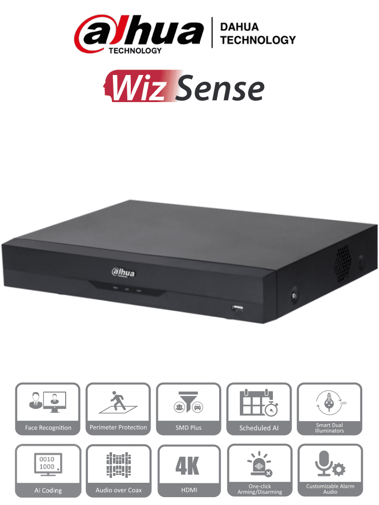 DAHUA XVR5116H-4KL-I3 - DVR de 16 Canales 4k/ 8 Megapixeles/ WizSense/ IA/ H.265+/ 16 Canales + 16 IP/ Hasta 32 Ch IP/ 2 Canales de Reconocimiento Facial/ SDM Plus/ Codificación con IA/ 1 Bahía de Disco Duro/ Funciones IoT & POS/-DVR's HD 16+ Canales-DAHUA-Bsai Seguridad & Controles