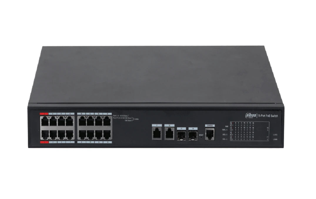 DAHUA DH-PFS4218-16ET-240 - SWITCH POE ADMINISTRABLE DE 16 PUERTOS ETHERNET/ 16 PUERTOS POE/ 240 WATTS TOTALES/ INTERFAZ WEB/ PUERTO 1 Y 2 SOPORTAN 90 WATTS/ 2 PUERTOS SFP/ 2 PUERTOS UPLINK/ POE WATCHDOG/ SWITCHING 8.8 GBPS/-Switches POE-DAHUA-Bsai Seguridad & Controles