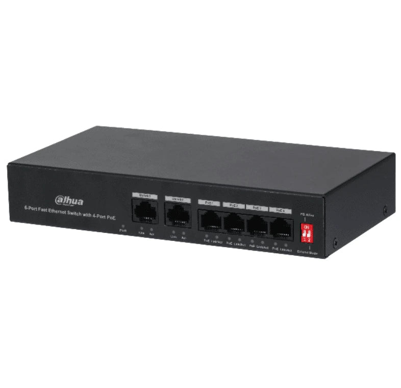 DAHUA PFS3006-4ET-36 - SWITCH POE DE 6 PUERTOS FAST ETHERNET/4 PUERTOS POE 10/100/ 2 PUERTOS UPLINK 10/100/ 36 WATTS TOTALES/ SWITCHING 1.2 GBPS/ TASA DE REENVIO DE PAQUETES .89 MBPS/ CON PROTECCIÓN DE DESCARGAS/-Switches POE-DAHUA-Bsai Seguridad & Controles