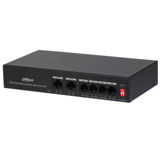 DAHUA PFS3006-4ET-36 - SWITCH POE DE 6 PUERTOS FAST ETHERNET/4 PUERTOS POE 10/100/ 2 PUERTOS UPLINK 10/100/ 36 WATTS TOTALES/ SWITCHING 1.2 GBPS/ TASA DE REENVIO DE PAQUETES .89 MBPS/ CON PROTECCIÓN DE DESCARGAS/-Switches POE-DAHUA-DHT1850008-Bsai Seguridad & Controles