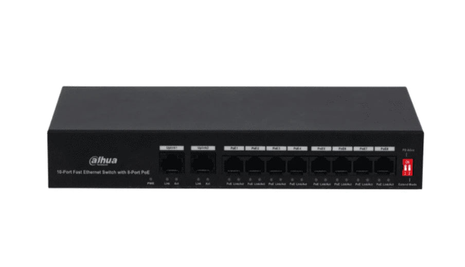 DAHUA PFS3010-8ET-65 - SWITCH POE DE 10 PUERTOS FAST ETHERNET/ 8 PUERTOS POE/ 2 PUERTOS UPLINK/ 65 WATTS TOTALES/ SOPORTA POE WATCHDOG/ SWITCHING 2.0 GBPS/ CON PROTECCIÓN DE DESCARGAS/-Switches POE-DAHUA-Bsai Seguridad & Controles