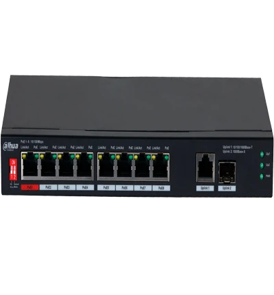 DAHUA PFS3110-8ET1GT1GF-96 -SWITCH POE DE 10 PUERTOS/ 8 PUERTOS POE 10/100/ 1 PUERTO SFP DE 1000 MBPS/ 1 PUERTO UPLINK DE 10/100/1000/ 96 WATTS TOTALES/ ALIMENTACIÓN HASTA 250 MTS/ SOPORTA POE WHATCHDOG/ PUERTO ROJO SOPORTA IEEE 802.3BT/-Switches POE-DAHUA-Bsai Seguridad & Controles