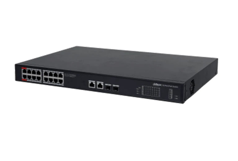 DAHUA PFS3220-16GT-190 - SWITCH POE DE 16 PUERTOS GIGABIT/ POE INTELIGENTE/ PUERTO ROJO DE 90W/ 190 WATTS TOTALES/ 2 PUERTOS SFP OPTICOS/ PROTOCOLOS POE:IEEE802.3AF, IEEE802.3AT, HI-POE, IEEE802.3BT/ SWITCHING 52 GBPS/ PROTECCIÓN DE DESCARGAS/-Switches POE-DAHUA-Bsai Seguridad & Controles
