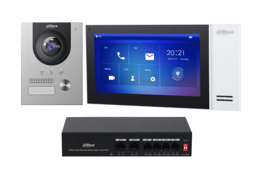 DAHUA KTP01L(S) - KIT DE VIDEOPORTERO IP CON FRENTE DE CALLE METALICO, MONITOR Y SWITCH POE/ MONITOR DE 7 PULGADAS TOUCH/ RANURA SD/ FRENTE DE CALLE CON CAMARA DE 2 MEGAPIXELES/ APERTURA DE PUERTA/ E&S DE ALARMAS/ SWITCH DE 5 PUERTOS Y 36 WATTS/-Kits de Videoportero-DAHUA-Bsai Seguridad & Controles