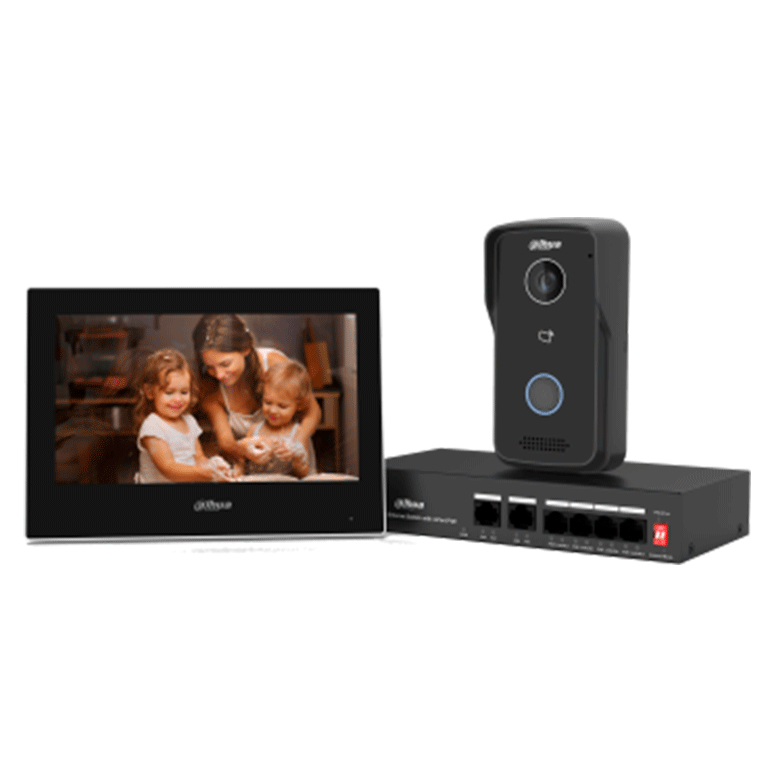 DAHUA KTP03-V2 - KIT DE VIDEPORTERO IP/ MONITOR DE 7 PULGADAS. FRENTE DE CALLE Y SWITCH POE/ 6&1 E&S DE ALARMA/ FRENTE DE CALLE IP65/ IR/ APERTURA REMOTA / SWITCH DE 4 PUERTOS POE 10/100/ 2 PUERTOS UPLINK/ CONTROLA 1 PUERTA/-Kits de Videoportero-DAHUA-Bsai Seguridad & Controles