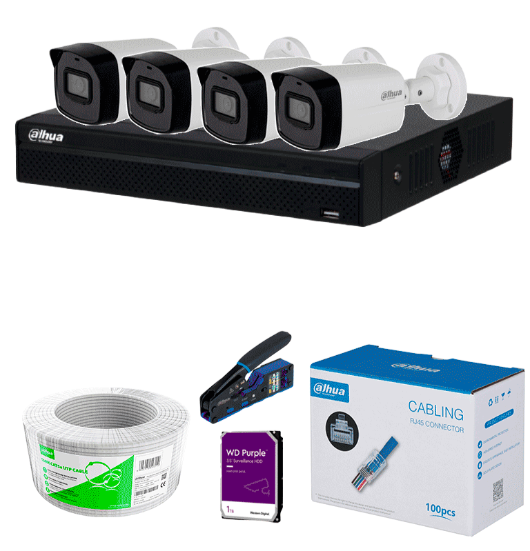 BUNDLE NVR+4BULLETIP - COMPRA 1 NVR NVR1104HS-P-S3 DE 4 CANALES/ 4 CÁMARAS IPC-B1E20 / BOBINA DE 100M/ CAJA CON 100 PLUGS/ PINZA DE CORTE RJ45/ DISCO DURO 1TB/ #MIPRIMERIP-Kits IP-DAHUA-Bsai Seguridad & Controles