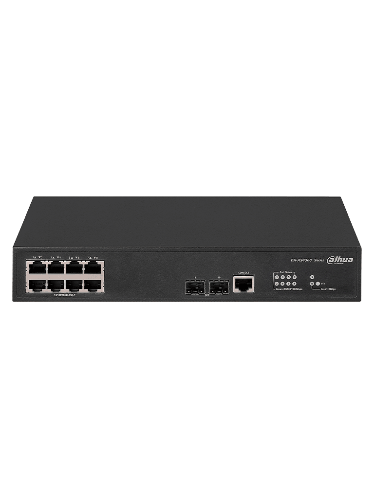 DAHUA DH-AS4300-8GT2GF- SWITCH GIGABIT ADMINISTRABLE DE CAPA 2 CON 8 PUERTOS10/100/1000 BASE-T Y2 RANURAS SFP D 1GBPS. OFRECE UNA CAPACIDAD DE SWITCHING DE 20GBPS Y VIENE CON UNA ROBUSTA CARCASA METÁLICA, IDEAL PARA REDES DE ALTO RENDIMIENTO #REM-Switches-DAHUA-DHT3700012-Bsai Seguridad & Controles
