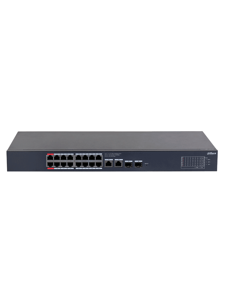 DAHUA DH-CS4220-16GT-135 SWITCH POE DE 16 PUERTOS GIGABIT/ POE INTELIGENTE/ PUERTO ROJO DE 90W/ 135 WATTS TOTALES/ 2 PUERTOS SFP/POE WATCHDOG/ SWITCHING 40 GBPS/ PROTECCIÓN DE DESCARGAS/ PLATAFORMA DOLYNK CARE-Switches POE-DAHUA-Bsai Seguridad & Controles