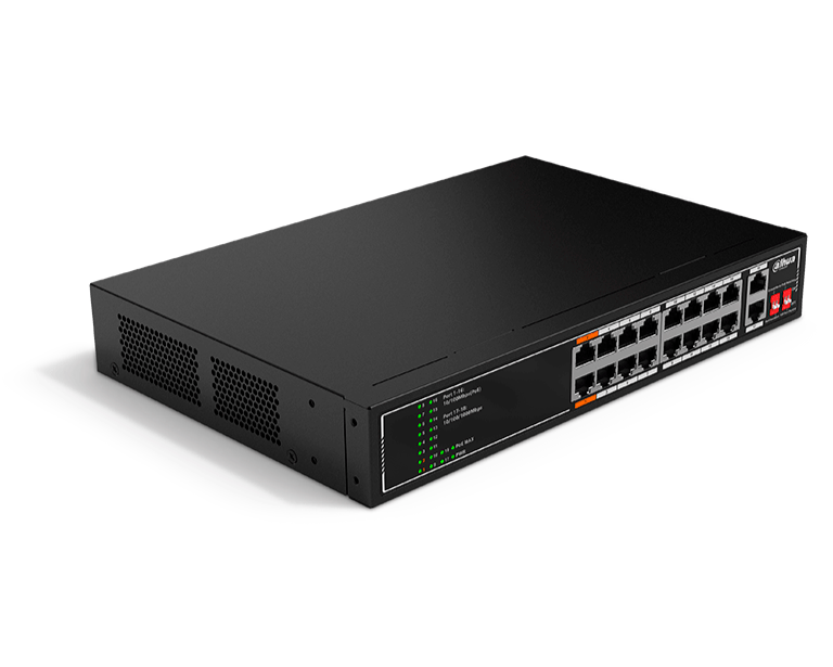 DAHUA SF1018LP - SWITCH POE DE 18 PUERTOS/ 135 WATTS TOTALES/ 16 PUERTOS POE 10/100/ 2 PUERTOS UPLINK 10/100/1000/ SWITCHING 7.2 GBPS/ COMPATIBLE CON STANDARES:IEEE802.3AF; IEEE802.3AT; HI-POE/ POE HASTA 250 METROS/ #LONUEVO-Switches POE-DAHUA-Bsai Seguridad & Controles