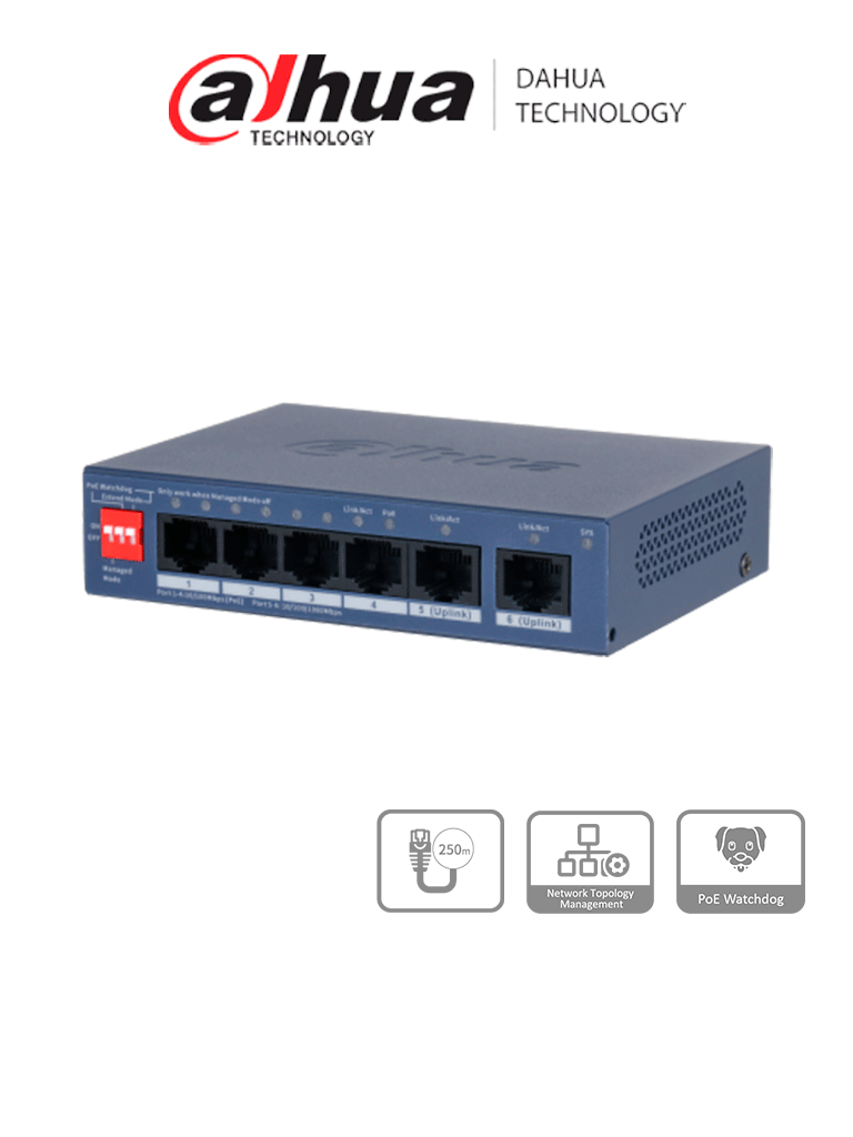 DAHUA DH-CS4006-4ET2GT-36 - SWITCH POE DE 6 PUERTOS FAST ETHERNET/4 PUERTOS POE 10/100/1000 / 2 PUERTOS UPLINK 10/100/ 3