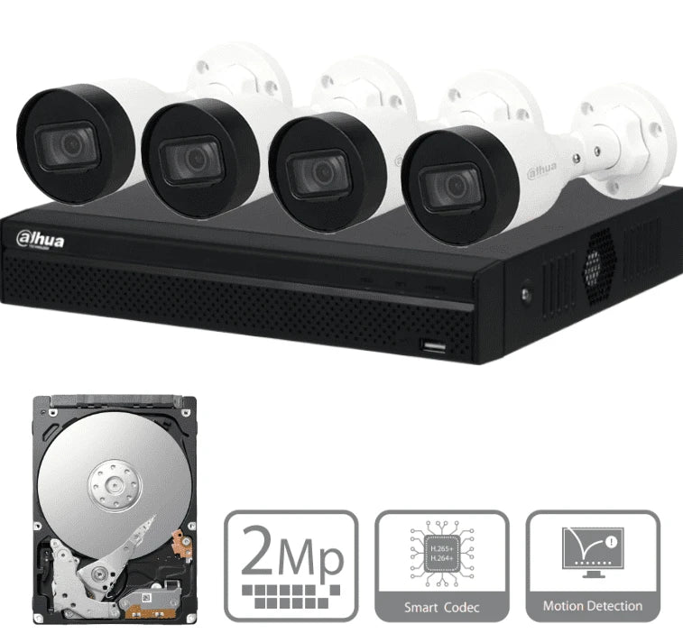 DAHUA KITNVR1104HS-P+4C1TB- KIT IP DE 4 CANALES DE 2MP/ NVR CON 4 PUERTOS POE/ DISCO DURO DE 1TB/ 4 CAMARAS BULLET DE 2 MEGAPIXELES CON IR DE 30 METROS/ EXTERIOR (IP67)/ INCLUYE DISCO DURO DE 1 TB/-Kits IP-DAHUA-Bsai Seguridad & Controles